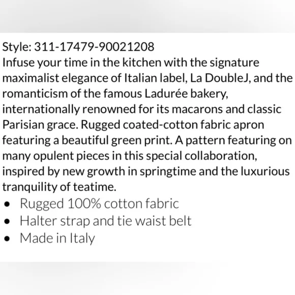 LaDoubleJ X Ladurée Tree of Life Designer Apron, NWT